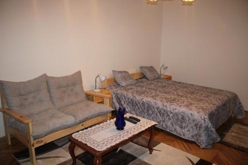 ein Schlafzimmer mit einem Bett, einem Sofa und einem Tisch in der Unterkunft 3 hippos apartman in Budapest