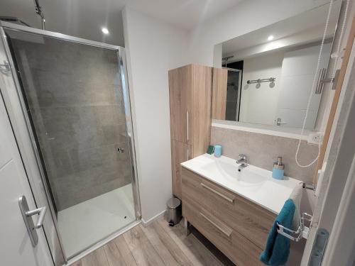 a bathroom with a sink and a shower at Gîte La Glycine in Dun