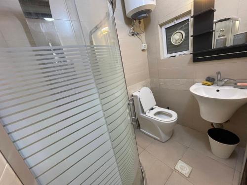 a bathroom with a shower and a toilet and a sink at Oqdeh studio in Jerash