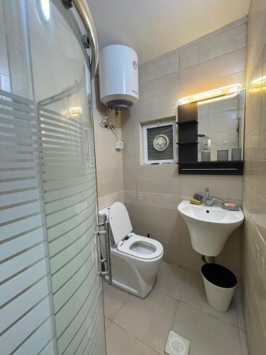 a small bathroom with a toilet and a sink at Oqdeh studio in Jerash