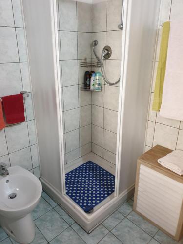 a shower with a blue floor in a bathroom at ROMEO2 in Somma Lombardo