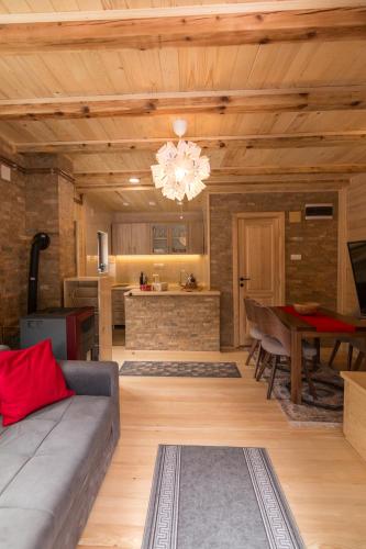 a living room with a couch and a kitchen at Brvnara Ljubomir, planina Tara, Kaludjerske Bare in Kaludjerske Bare