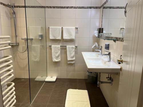 a bathroom with a sink and a shower at Tinschert Hotel-Restaurant-Partyservice in Schwertberg