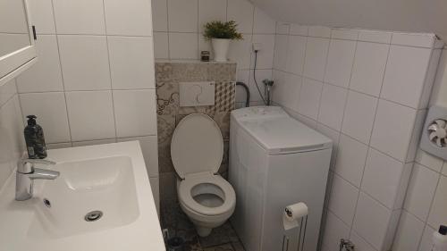 małą łazienkę z toaletą i umywalką w obiekcie Myntloftet med inglasad bubbelbad w mieście Borlänge