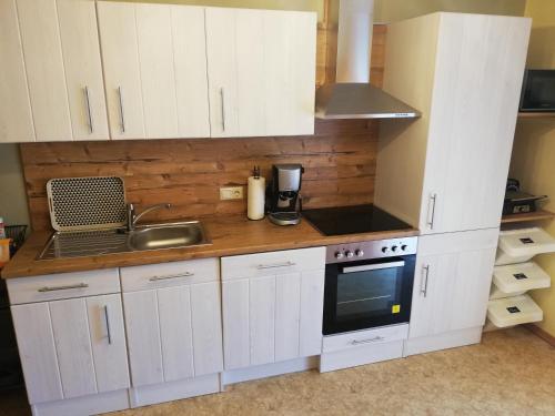 a kitchen with white cabinets and a sink and a stove at Appartement Landhaus Felsenkeller in Sankt Kanzian