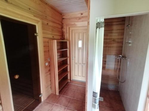 a bathroom with a walk in shower next to a door at Guest House Unguri in Stalbe