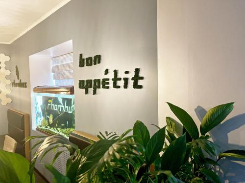 a room with plants and a fish tank at Rhombus Hotel in Luts'k