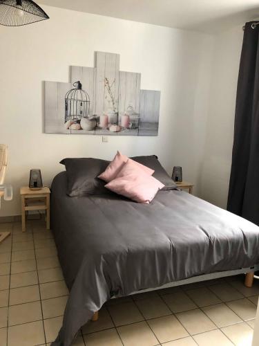 a bedroom with a large bed with a pink pillow at Gites des Lavandières in Cour-Cheverny