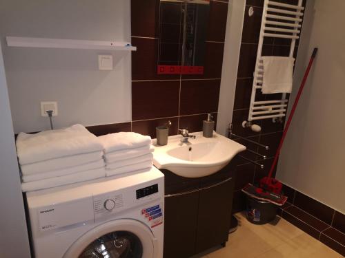 a bathroom with a washing machine and a sink at Apartament Marzenie 10 - Opole in Opole