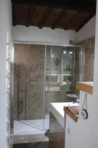 a glass shower in a bathroom with a sink at Casa da Moeda in Évora