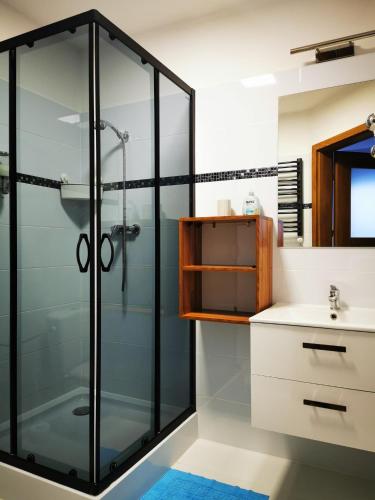 a bathroom with a glass shower and a sink at Holiday Amber - in Niechorze