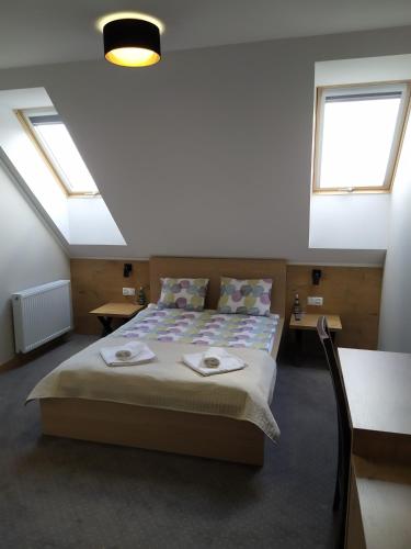 a bedroom with a bed and two windows at Hotel Regina in Radom