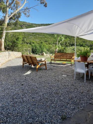 a patio with two benches and a white umbrella at Casa Vacanza Paradise 2 in Marina di Campo