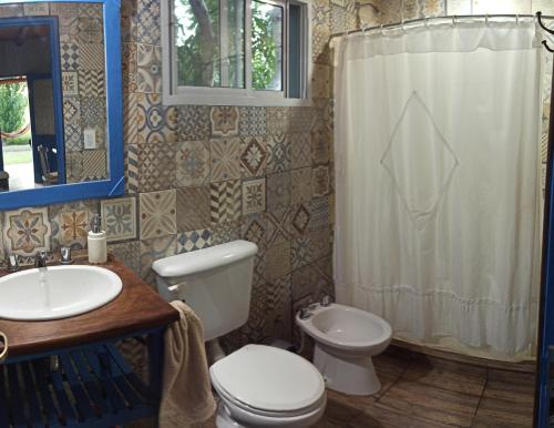 a bathroom with a toilet and a sink and a shower at Cabaña Gota de Rocio en finca Margarita in San Rafael