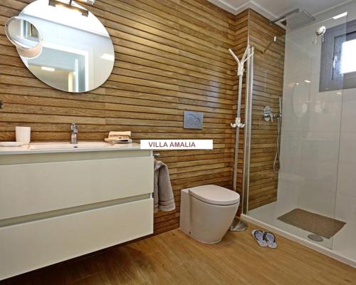 トレビエハにあるBeach Apartment Amaliaのバスルーム(シャワー、トイレ、鏡付)
