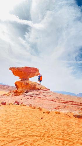 a person standing next to a rock in the desert at Rum Jordan camp and tours in Wadi Rum