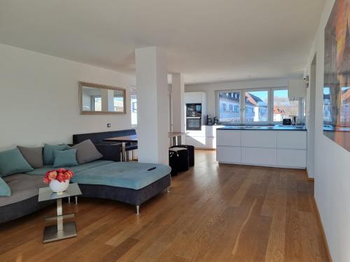 ein Wohnzimmer mit einem Sofa und einer Küche in der Unterkunft BodenSEE CITY APARTMENTS Friedrichshafen in Friedrichshafen