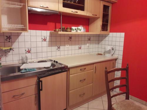 a kitchen with a sink and a stove top oven at Domek wiejski in Dwernik