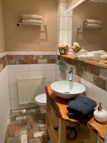 een badkamer met een wastafel en een toilet bij Inas Spreewaldstube in Vetschau