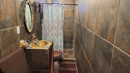 a bathroom with a sink and a shower at Hotel Meson del Refugio in Guanajuato