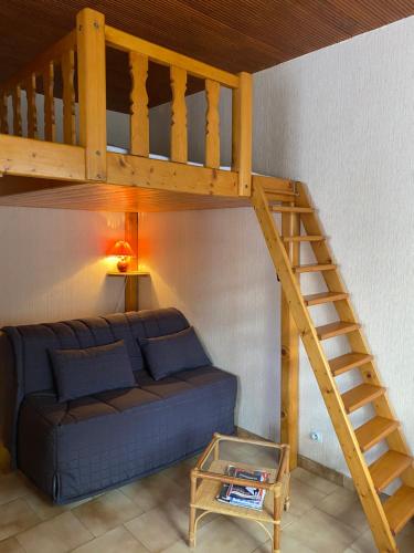 a living room with a couch under a bunk bed at Chalet "Le Mayouret" - STUDIO N°4 - chemin des écureuils in Cauterets