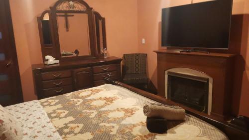 a bedroom with a bed with a fireplace and a television at Hotel Meson del Refugio in Guanajuato