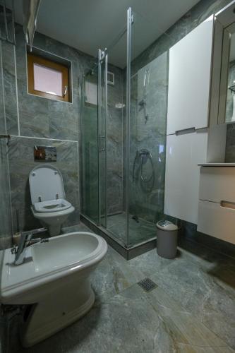 a bathroom with a toilet and a glass shower at Villa Sarajevo in Vareš