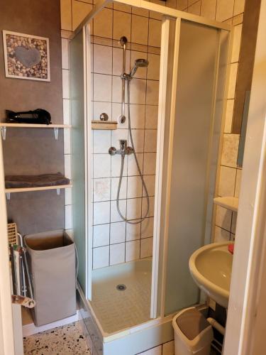 a shower with a glass door in a bathroom at studio le panorama in La Bresse