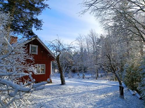 a red cabin in a snow covered forest at Lidsbergs torp i Ölme från år 1910 Ett eget mysigt torp med kakelugn, lågt i tak, sovrum med dubbelsäng och 2 enkelsängar på loft med snedtak bäddsoffa i v-rum trädgård med gasgrill in Kristinehamn
