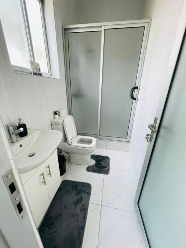 a bathroom with a shower and a toilet and a sink at Meanwood Place Apartments in Lusaka