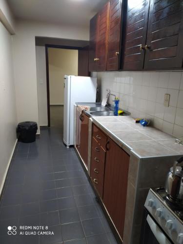 uma cozinha com armários de madeira e um frigorífico branco em Amplio y cómodo apartamento con bella vista en pleno centro em Ciudad del Este