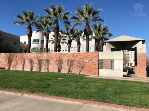 a brick wall with palm trees in front of a building at Perfect Apt near UCLA w Parking Gym Pool WIFI in Westwood B3 in Los Angeles