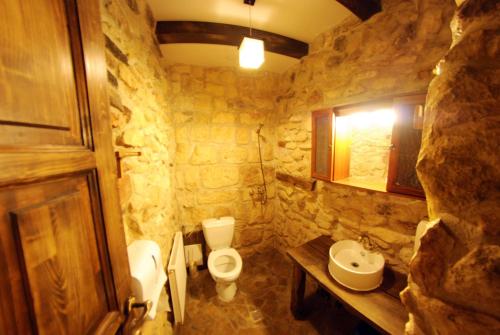 a stone bathroom with a toilet and a sink at Pensiunea Casa Dacilor in Podeni