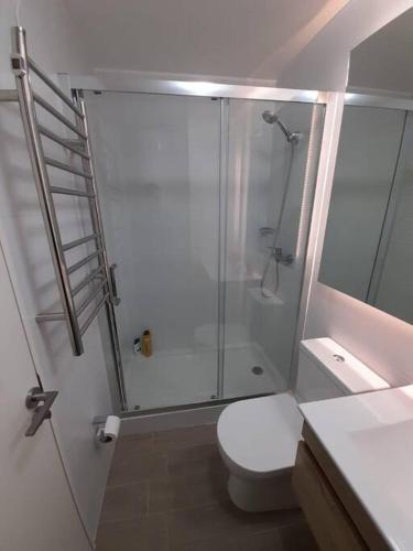 uma casa de banho com um chuveiro, um WC e um lavatório. em Edifico claro solar piso 16 em Temuco