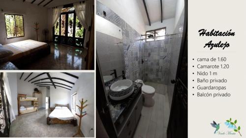 un collage de tres fotos de un baño en verde menta casa campestre en Rivera