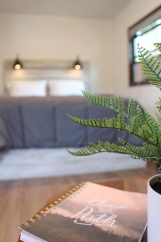 a book sitting on a table next to a plant at Cabin 4 at Horse Creek Resort in Rapid City
