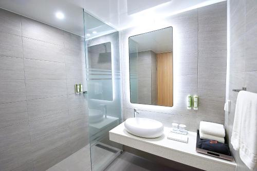 a bathroom with a sink and a mirror at Busan City Hotel in Busan