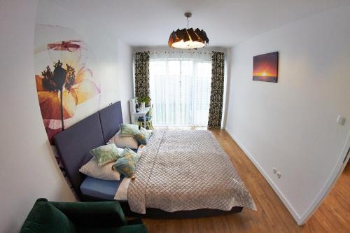 a bedroom with a bed and a large window at Apartament Bałtycka z ogródkiem in Kołobrzeg