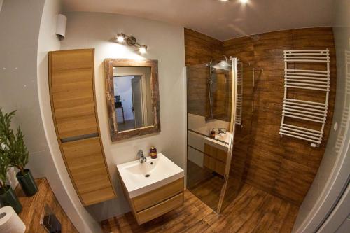 La salle de bains est pourvue d'un lavabo et d'une douche. dans l'établissement Apartament Bałtycka z ogródkiem, à Kołobrzeg