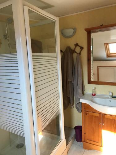 une salle de bain avec douche et lavabo dans l'établissement L’Écrin, à Corps