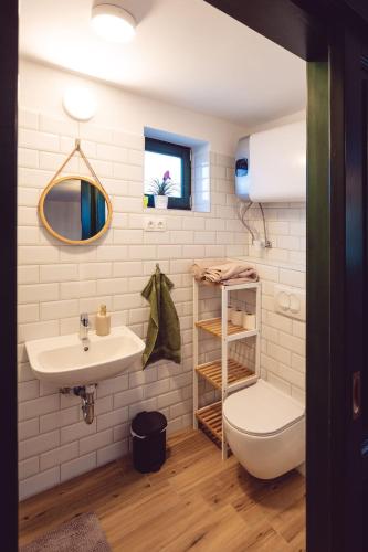 a bathroom with a sink and a toilet at Barbár Borbár in Szekszárd