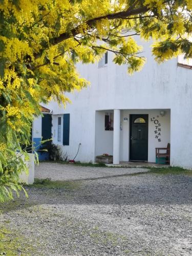 a white building with a blue door and trees at Ostréane-en-Ré in Rivedoux-Plage