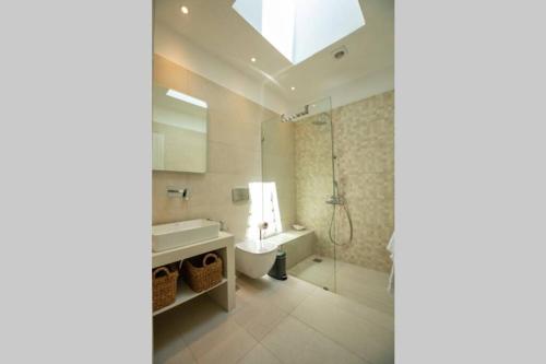 a bathroom with a sink and a shower and a toilet at Villa Paraga in Platis Yialos Mykonos