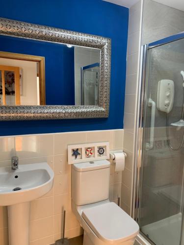 a bathroom with a toilet and a sink and a mirror at New Holliday Villa, Anstruther in Cellardyke