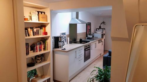 een keuken met witte werkbladen en een wastafel en planken bij FleuryTerre - Grand 2 pièces avec terrasse in Déville-lès-Rouen