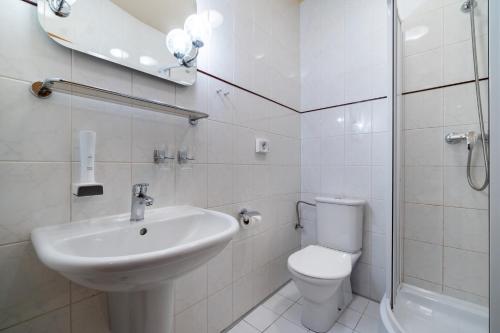 La salle de bains blanche est pourvue d'un lavabo et de toilettes. dans l'établissement Hotel Garni Na Havlíčku, à Kutná Hora