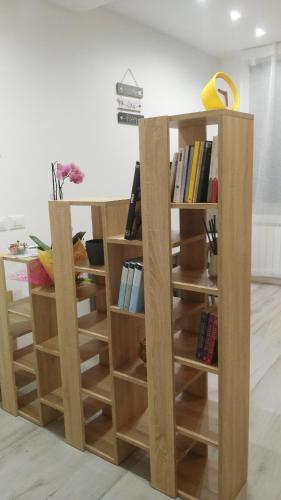 a book shelf with books in a room at Corte Disore in Rivolto