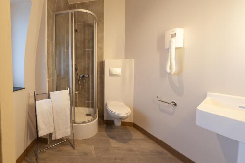 a bathroom with a shower and a toilet and a sink at Hôtel Nancy Gare-Congrés in Nancy
