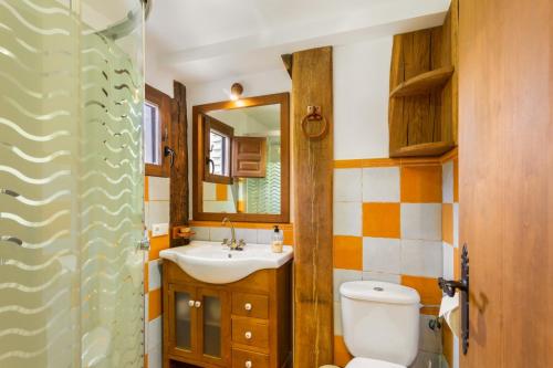 a bathroom with a sink and a toilet and a mirror at Casa Senderuela in Panzares