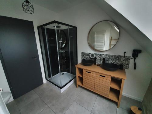 uma casa de banho com um chuveiro e um espelho. em L'élégant Gîtes de Moiscourt em Gisors